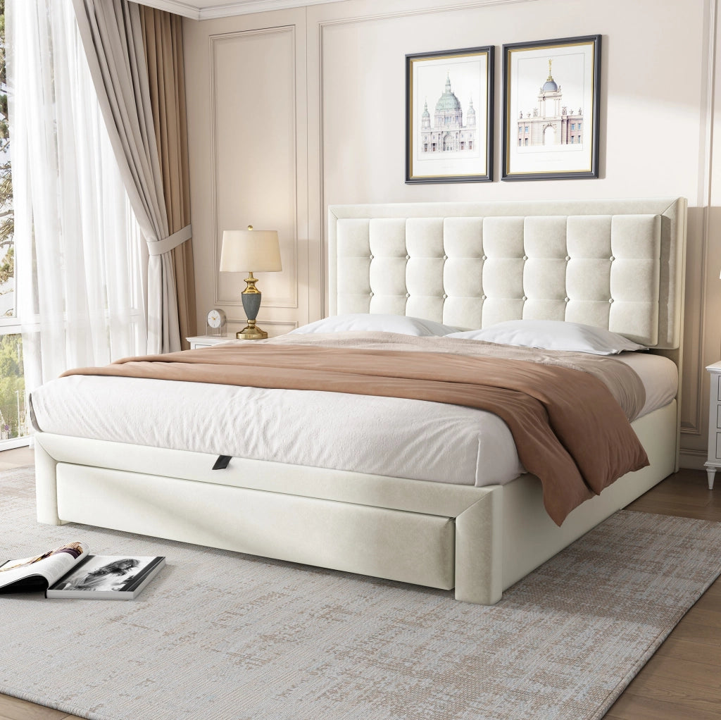 Letto imbottito 140x190 cm in velluto beige con testiera regolabile e contenitore