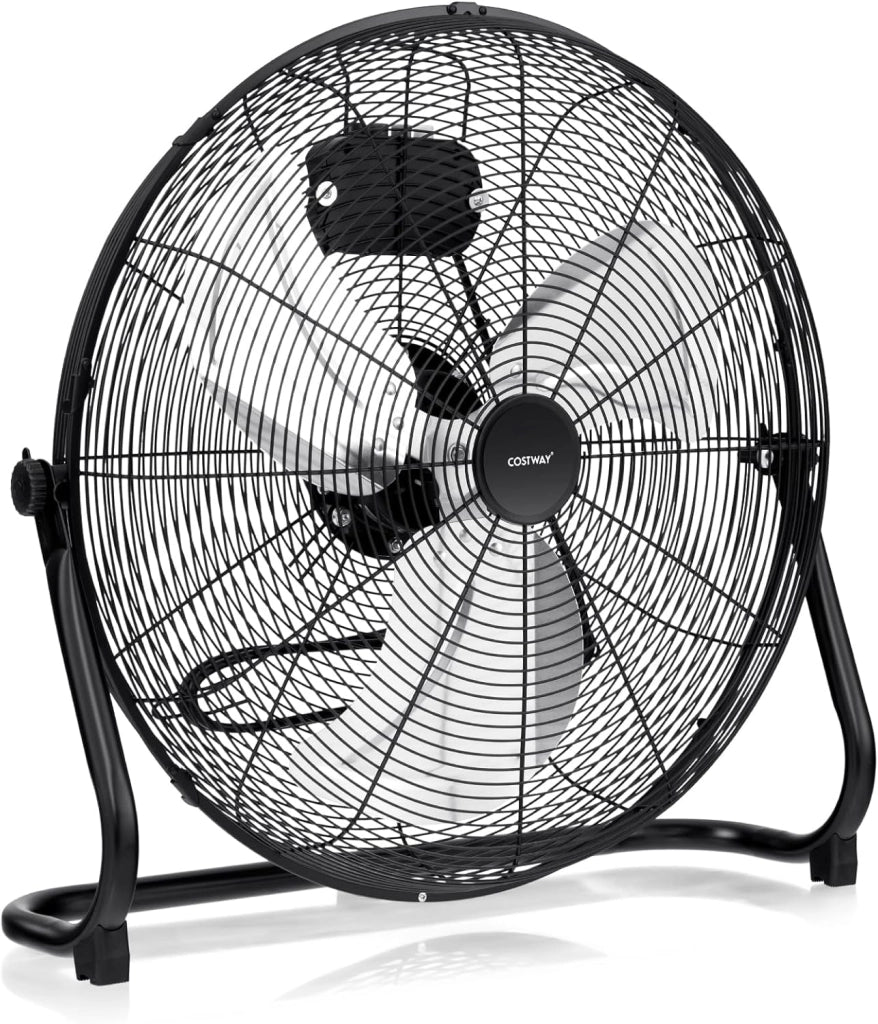 Ventilatore da Terra Industriale a 3 Velocità con Pale in Alluminio, Ventilatore a Piantana Potente ad Alta Velocità su Ruote in Gomma, 180W Max, 65x37x67 cm (Nero)