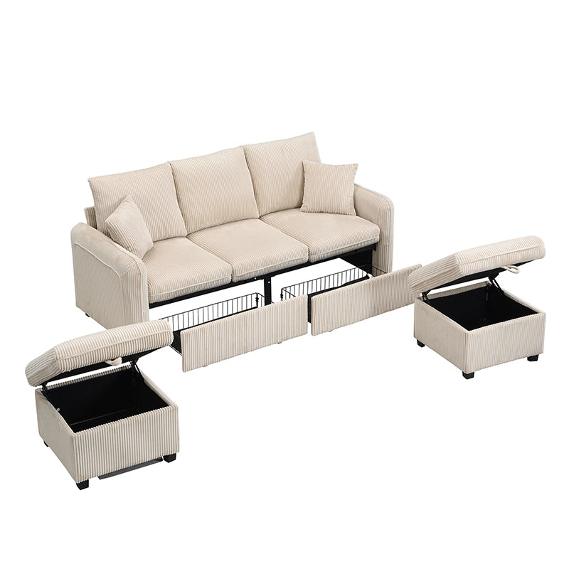 Divano letto modulare 3 posti - con contenitore e 2 pouf portaoggetti - in tessuto a coste beige