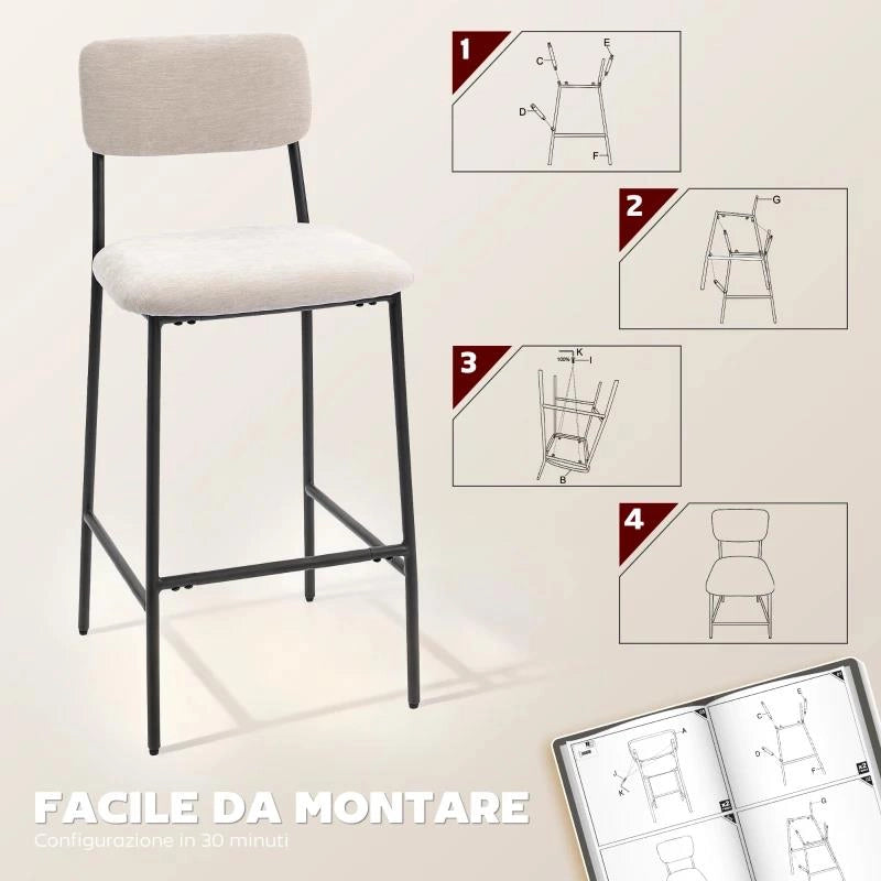 SET 2 SGABELLI DA BAR CON SCHIENALE ALTO, POGGIAPIEDI E RIVESTIMENTO IN CINIGLIA, CREMA