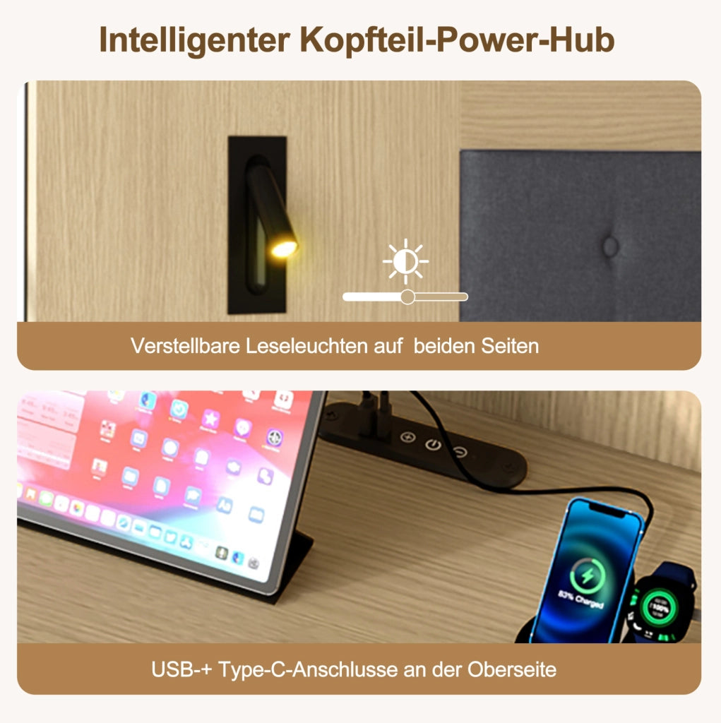 Letto matrimoniale 160x200 cm rovere chiaro con USB-C