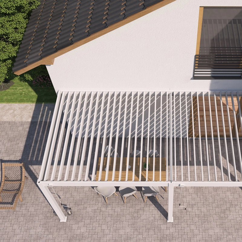 Pergola bioclimatica OmbrÃ©a adossata VS 3x6M Bianco + 2 tende
