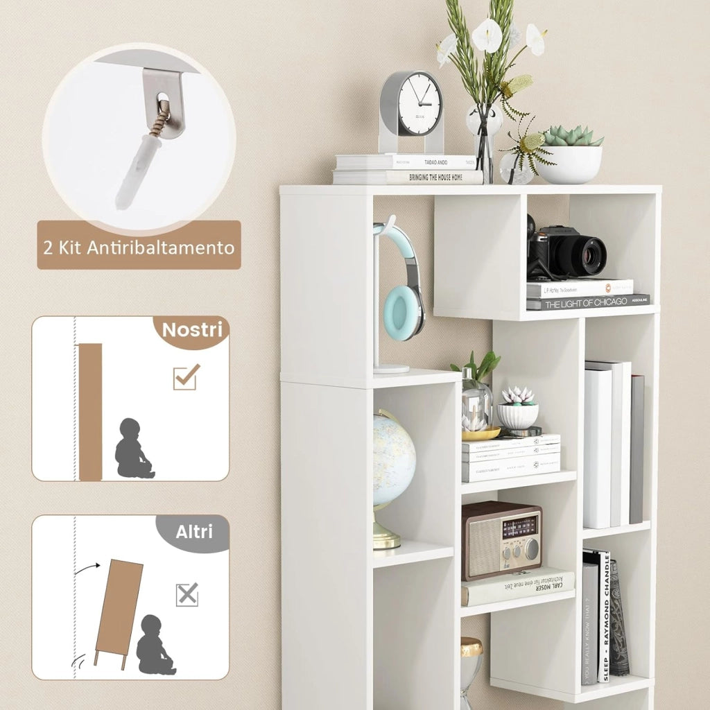 Libreria Geometrica 120 cm, Scaffale per Libri con Ripiani Aperti, Scaffale da Esposizione Moderno con Kit Anti-ribaltamento, Ideale per Casa Ufficio o Soggiorno (Bianco)