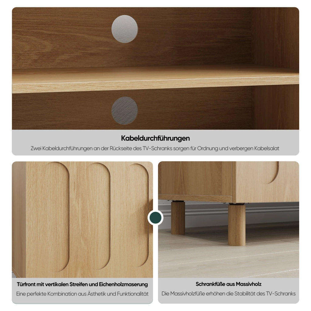 Mobile porta TV con ante e passacavi, maniglie in legno, stile rustico moderno per soggiorno, in MDF, rovere, 140 × 40 × 48 cm