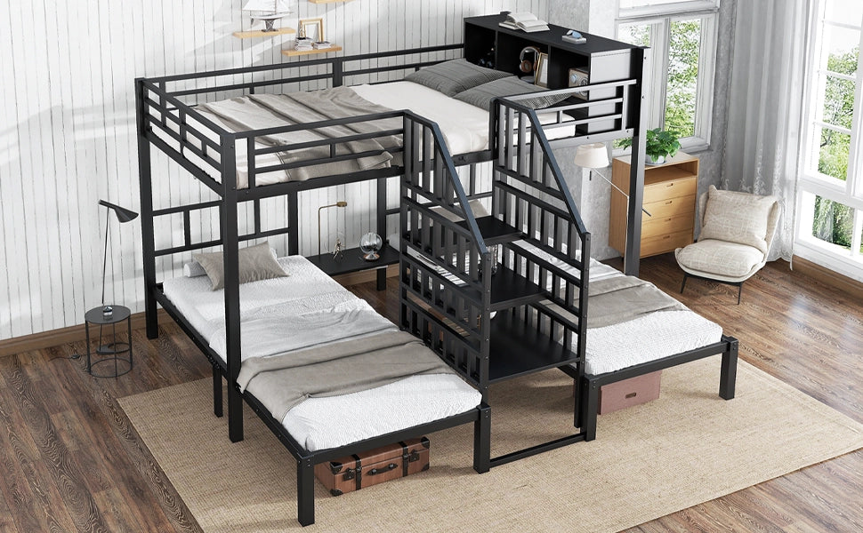 DESMIU Letto a castello 3 posti 90 × 200 cm e 140 × 200 cm con scala, vano portaoggetti, senza materasso, nero