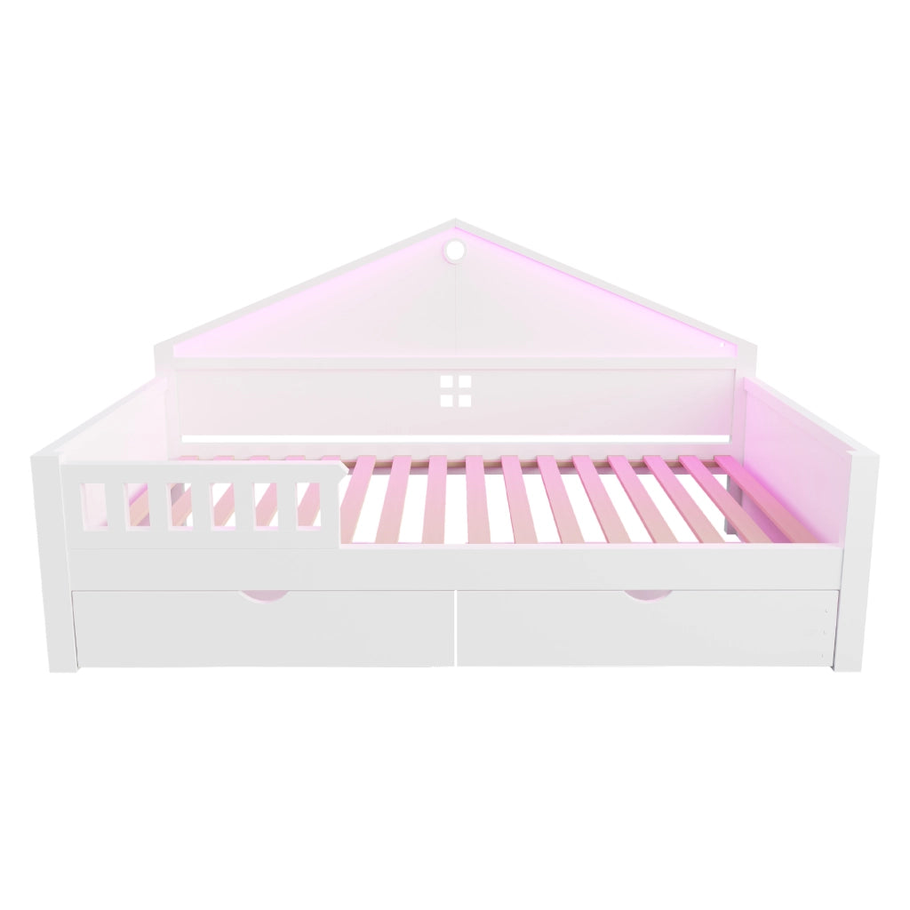 Letto 90x200 cm con luci LED e cassetti; bianco
