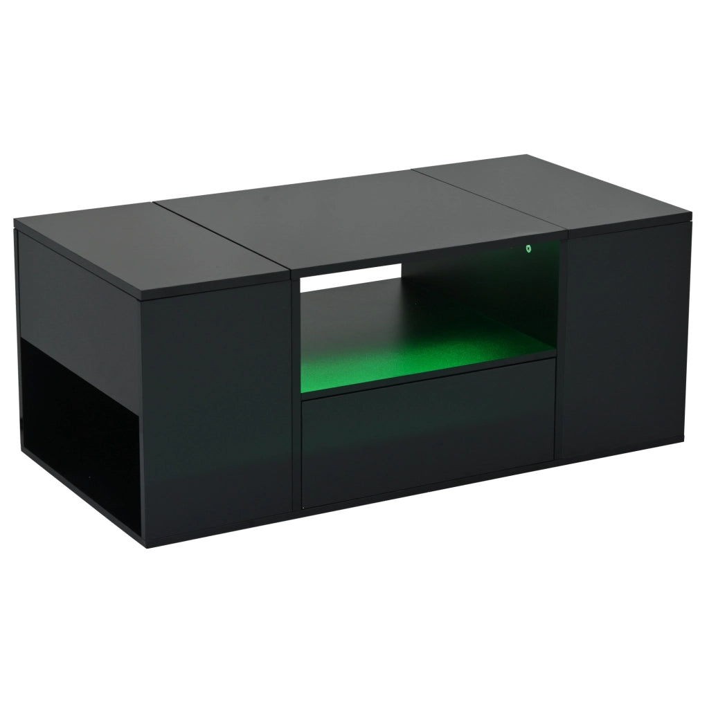 Tavolino da salotto con LED e vani contenitore; 100 x 50 x 40 cm; in truciolare nero lucido