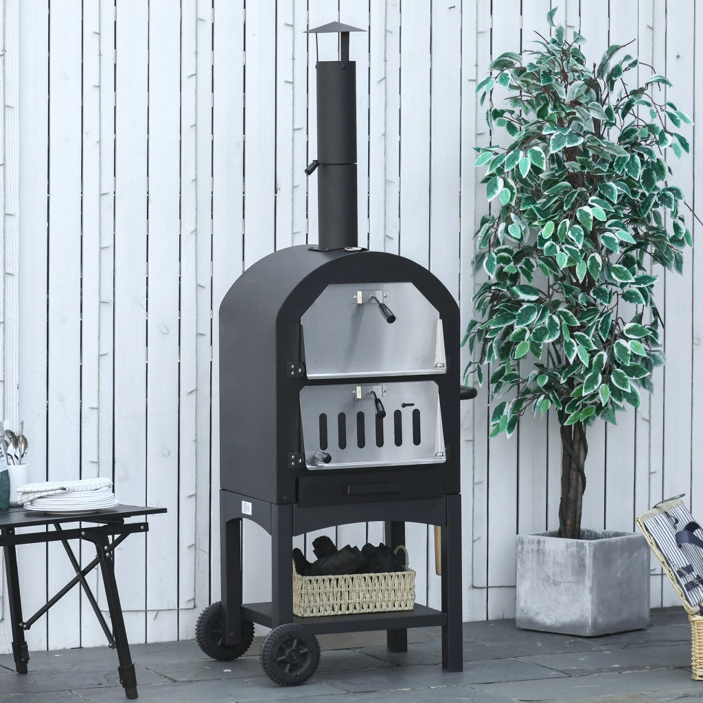 EasyComfort Forno per Pizza e Barbecue a Carbone Portatile in Acciaio con Camino e Ruote, 63x54x161 cm, Nero