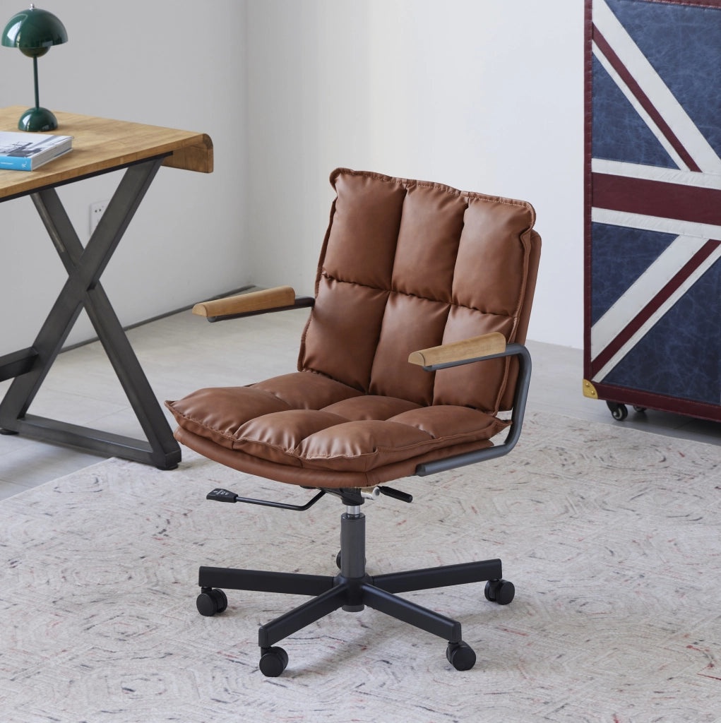 Sedia da ufficio girevole in pelle sintetica marrone; ergonomica e regolabile in altezza