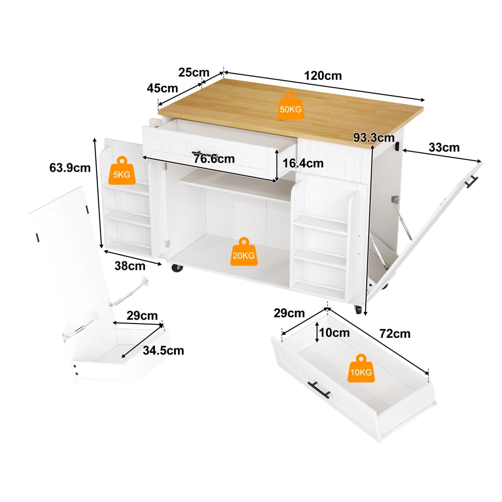 Isola da cucina mobile con piano ribaltabile, carrello portaoggetti, cassetto, ruote frenanti, 130x70x93 cm