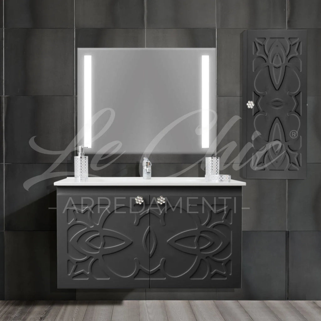 Mobile bagno nero sospeso stile Luxury con colonna - 120 cm, Rettangolare con applique