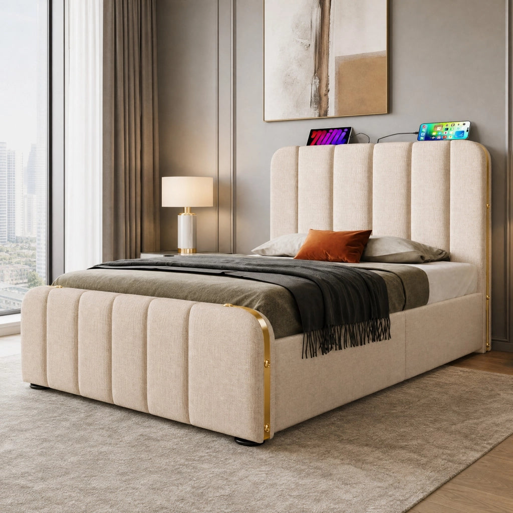Letto singolo imbottito 90x200 cm con testiera USB Type-C, contenitore idraulico, beige