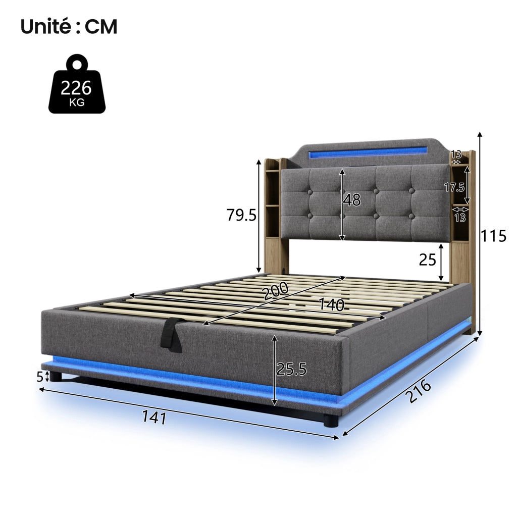 Letto Contenitore 140 x 200 cm; 2 Posti; USB; Type-C e LED; in Lino; Grigio