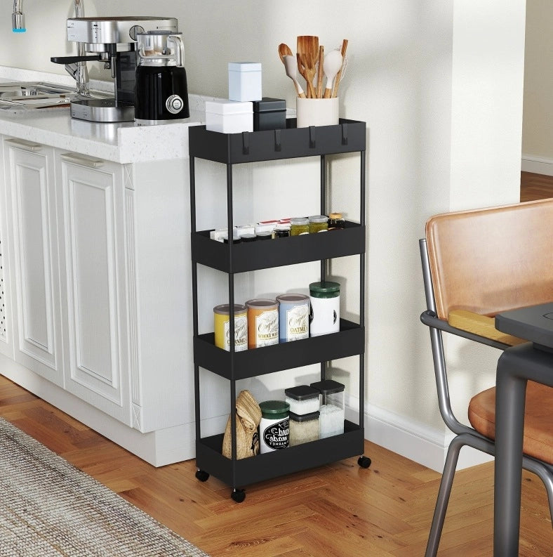 Carrello da cucina nero con 4 ripiani, ruote e freni, 40 x 19 x 90 cm, in plastica ABS