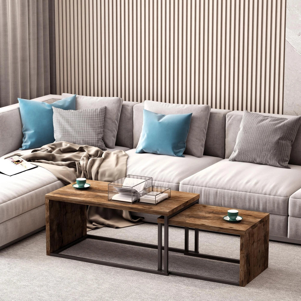 Tavolino da caff¨¨ nido moderno ¨C Minimal ¨C marrone r¨²stico e nero, metallo, 90x48x42 cm e 59x42x36 cm