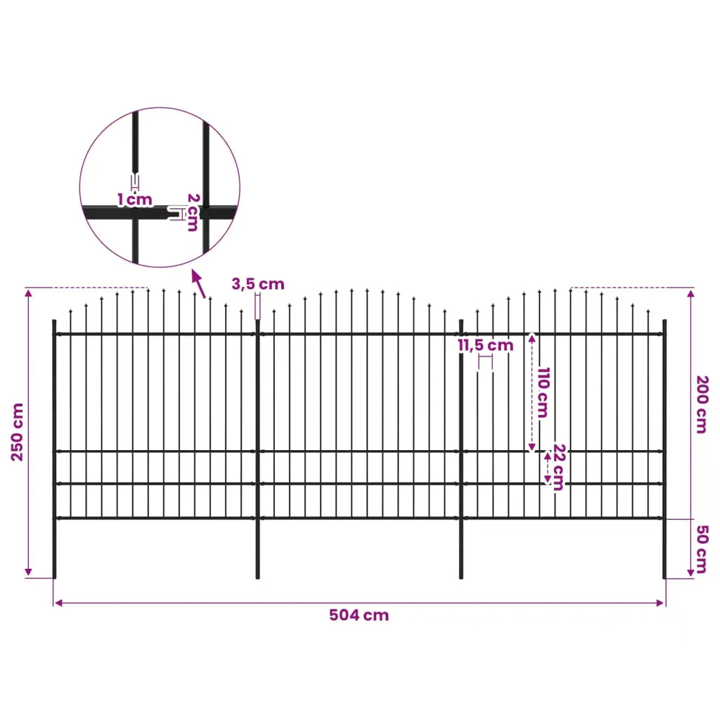 Recinzione da Giardino con Punta a Lancia in Acciaio 504x200 cm Nero 277750