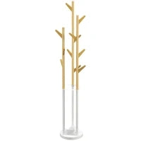 Appendiabiti da Terra di Design con Portaombrelli e 12 Ganci, Metallo e Bambù, 30.5x30.5x174.5cm, Legno e Bianco