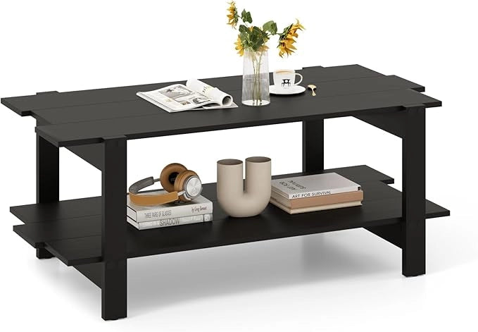 Tavolino da Caffè a 2 Ripiani, Tavolino Rettangolare da Salotto in Legno con Mensola di Stoccaggio, Ideale per Ufficio e Soggiorno, 115 x 59 x 46 cm (Nero)