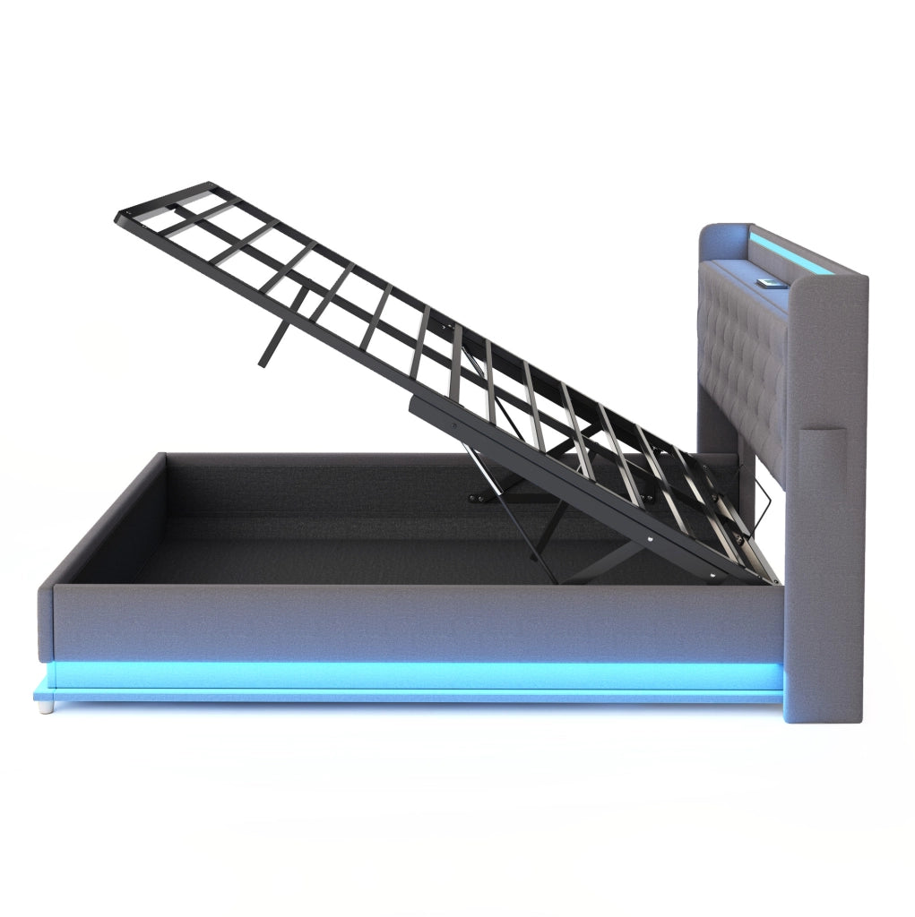 Letto imbottito 140x200 cm con LED multicolore, USB e contenitore idraulico grigio