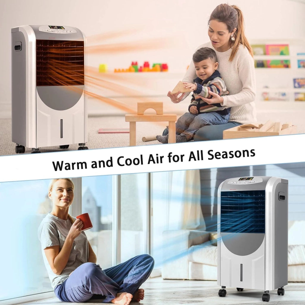 Ventilatore Portatile, 5 in 1 Ventilatore, Umidificatore, Purificatore d'Aria, Raffreddatore d'Aria, Timer 15H, 3 Modalità & 3 Velocità, Telecomando, 2 Confezioni di Raffreddamento