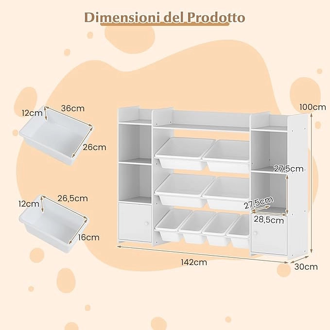 Organizer Giocattoli per Bambini, Scaffale di Legno a 4 Livelli con 8 Cestini Removibili, Armadio di Stoccaggio, per Camera dei Bambini Asilo, 142x30x100 cm