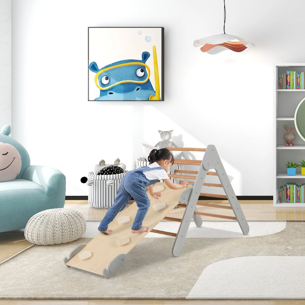 Arrampicata giocattolo a triangolo per bambini 3-in-1, Arrampicatore con rampa di scivolo a 2 lati Grigio-Arrampicate e scivoli
