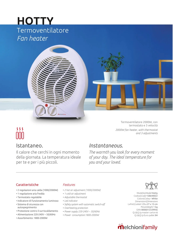 Melchioni Family Hotty Termoventilatore Stufa Elettrica 2000W con termostato e aria fredda auto spegnimento 2 regolazioni Leggera e Portatile