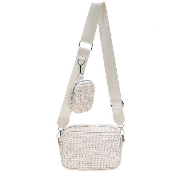 Borsa da spiaggia per donna, clutch, estivo, intrecciato, a mano, crossbody con cinturino regolabile e spalla ripiegabile per viaggi di vacanza (beige)
