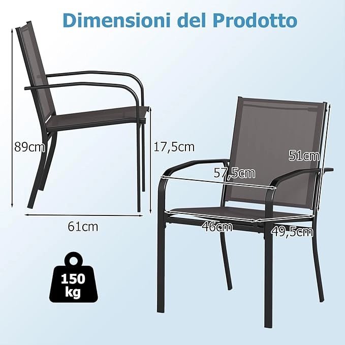 Set di 2/4 Sedie da Pranzo per Esterni, Sedia da Giardino Impilabili con Tessuto Traspirante, Braccioli, Schienale Alto e Telaio in Metallo, Portata 150 kg (Grigio,4)