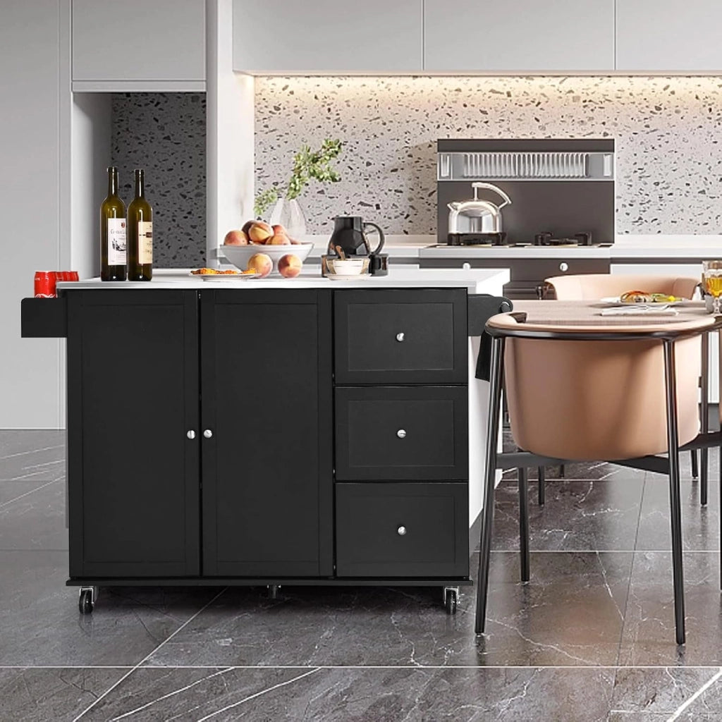 Carrello da Cucina, Isola da Cucina con Piano in Acciaio Inox, Armadietto a 2 Ante e 3 Cassetti, Ripiani Regolabili e Portasciugamani e Portaspezie, 135x45,5x 91,5 cm (Nero)