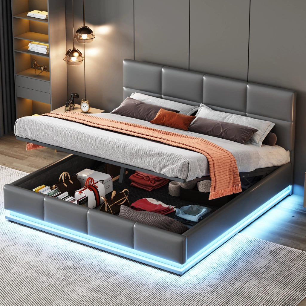 Letto Contenitore 160 x 200 cm; Letto Matrimoniale - LED e Testiera Regolabile - Grigio