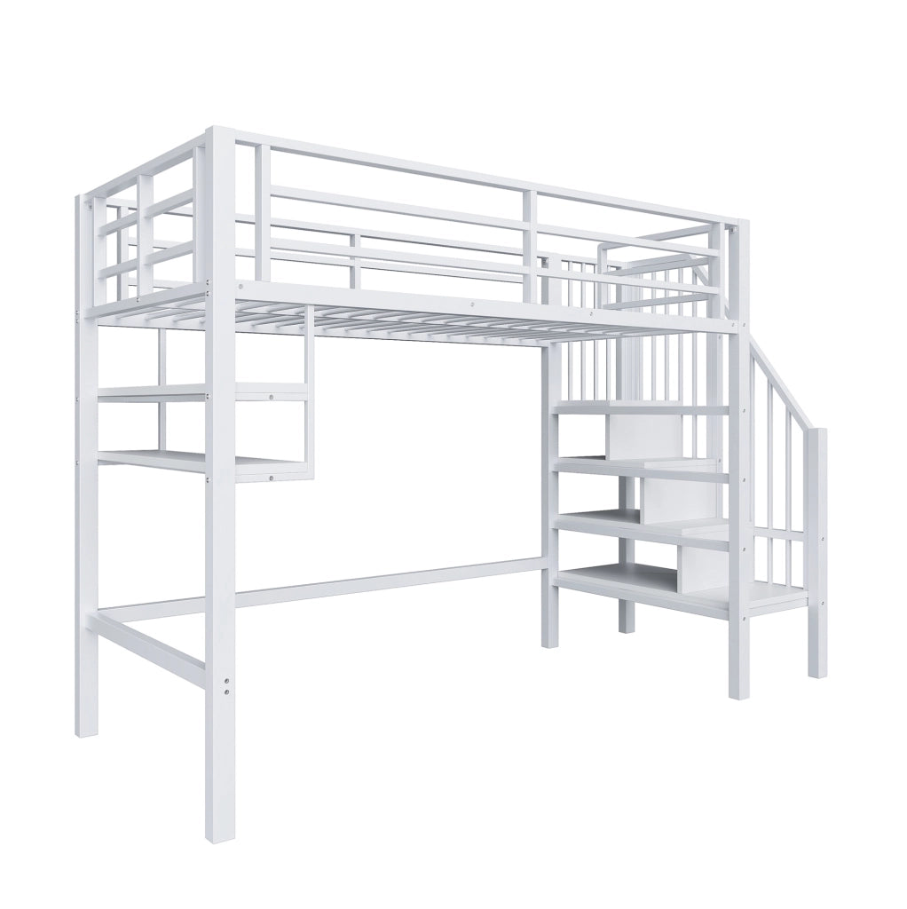 Letto a soppalco ULEVR 90x200 cm con scala contenitore, ripiani e sponde di sicurezza, bianco