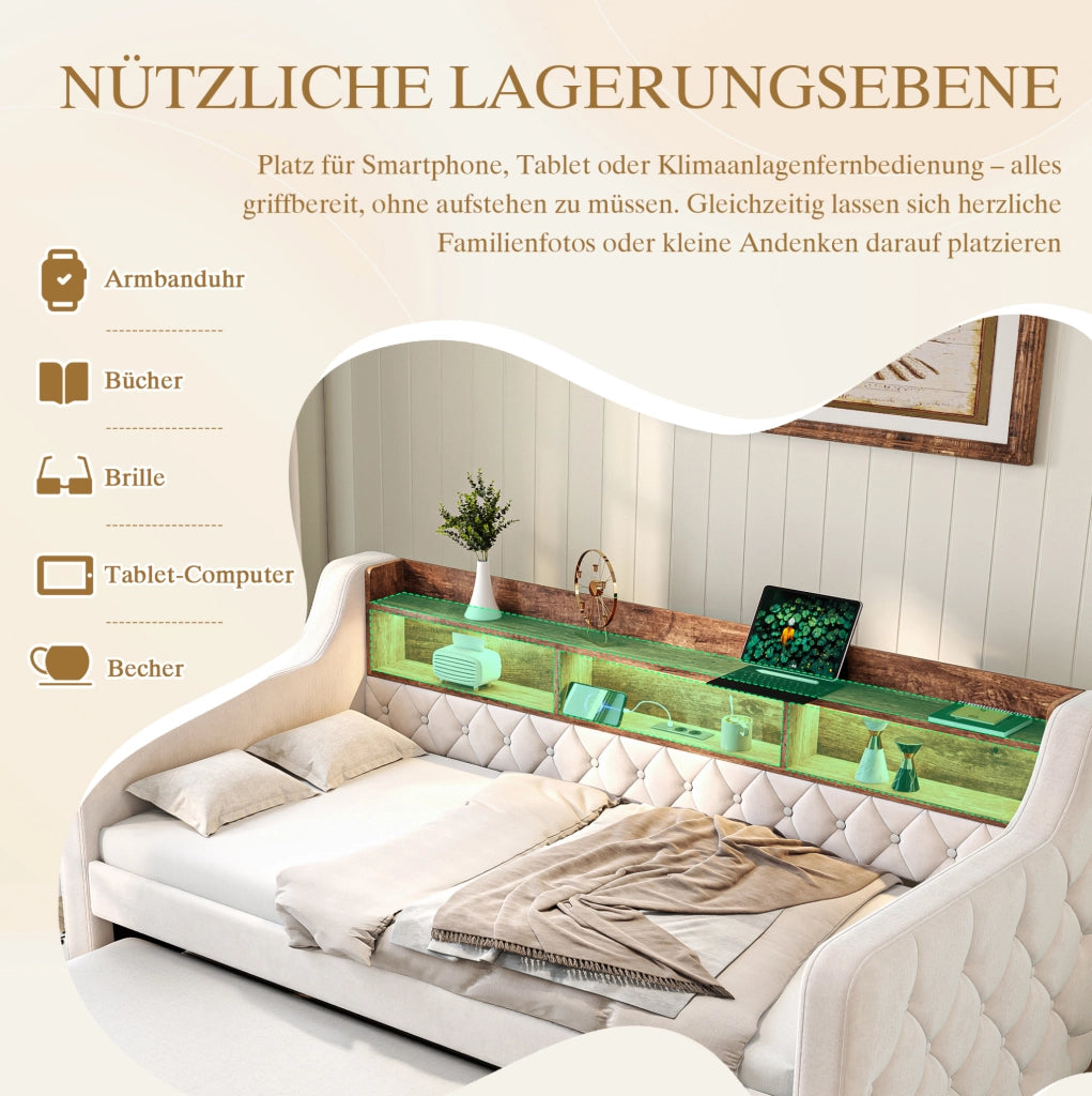 Divano letto estraibile 90x190 cm in velluto beige con LED; USB-C e contenitore