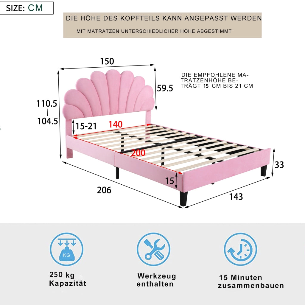 Letto imbottito in velluto con testiera a fiore e doghe; rosa; 140x200 cm; senza materasso