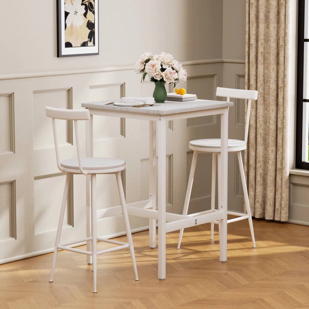 Tavolo da bar con 2 sgabelli con schienale e anello di rinforzo, per cucina e soggiorno, bianco, 60 × 60 × 92 cm