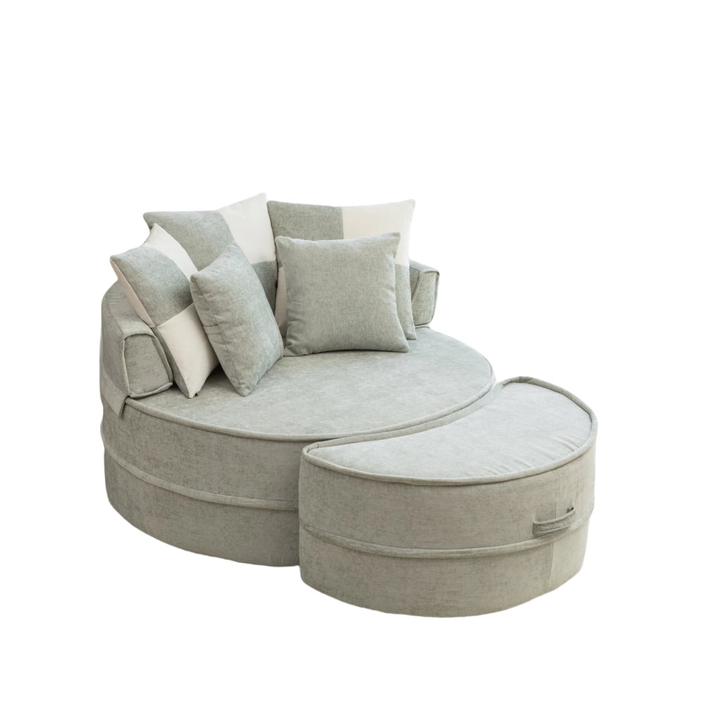 Poltrona con pouf Poltrona lounge rotonda senza montaggio per soggiorno in Chenille e Schiuma Verde menta