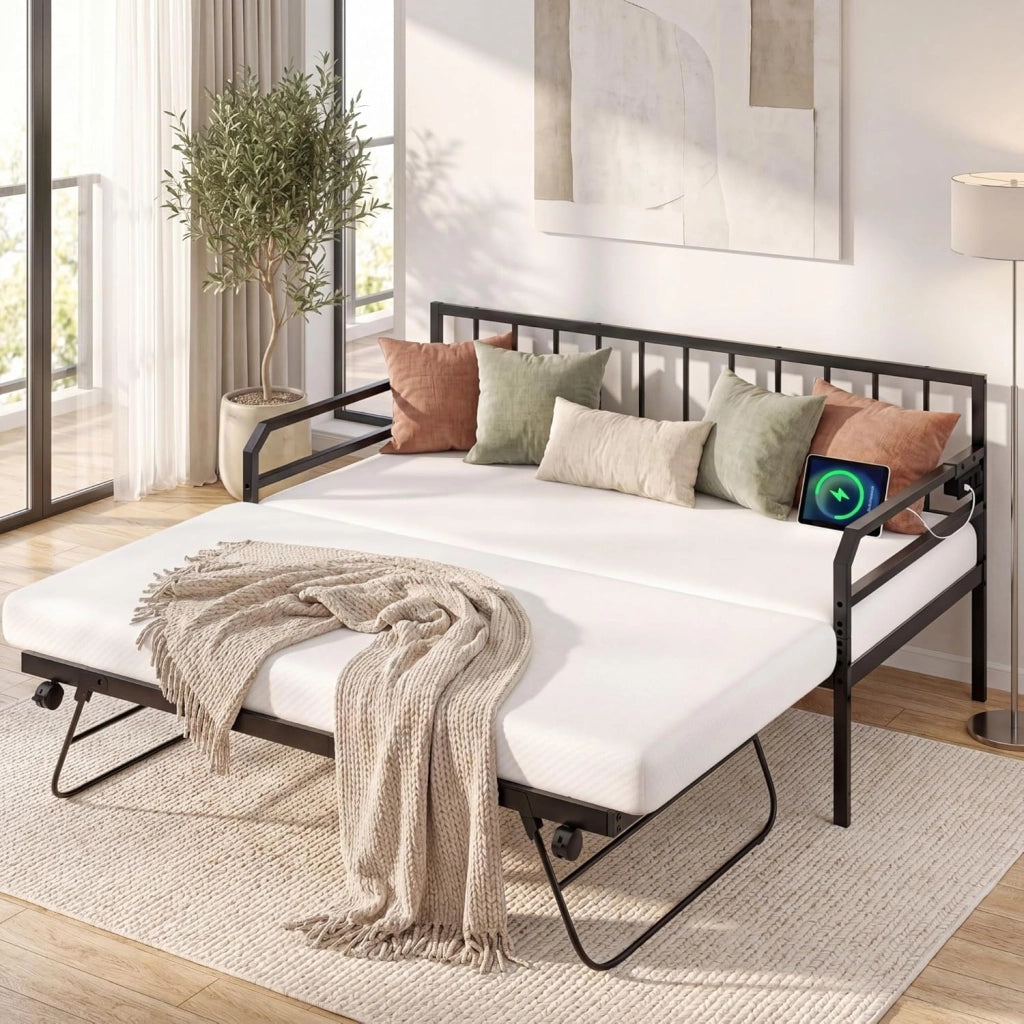 Struttura per divano letto estensibile a 2 posti, 90 x 200 cm, letto estraibile in metallo con luci a LED, stazione di ricarica, doghe resistenti, per soggiorno, camera da letto