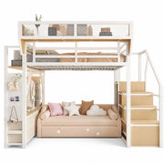 Letto a soppalco singolo 140×200 cm con LED; scala; ripiani e cassetti; senza materasso; metallo; bianco