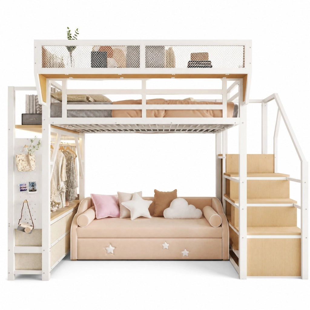 Letto a soppalco singolo 140×200 cm con LED; scala; ripiani e cassetti; senza materasso; metallo; bianco