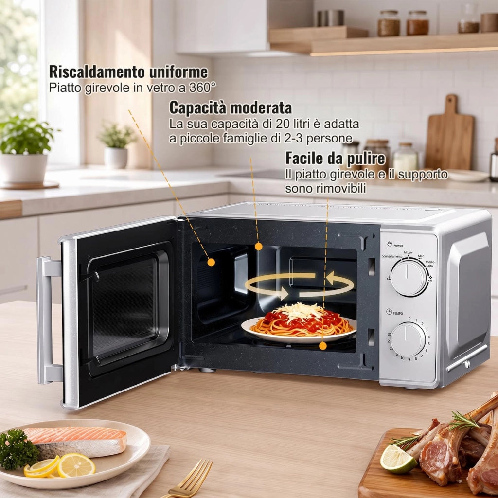 Forno a microonde multifunzione, forno a microonde domestico, 6 livelli di potenza, 20 L, 700 W, due manopole, argento