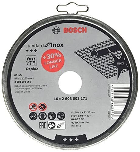 Bosch 2608603255 Standard for Inox Disco da Taglio Rapido 125mm 1mm 22.23mm 10 pezzi colore Nero