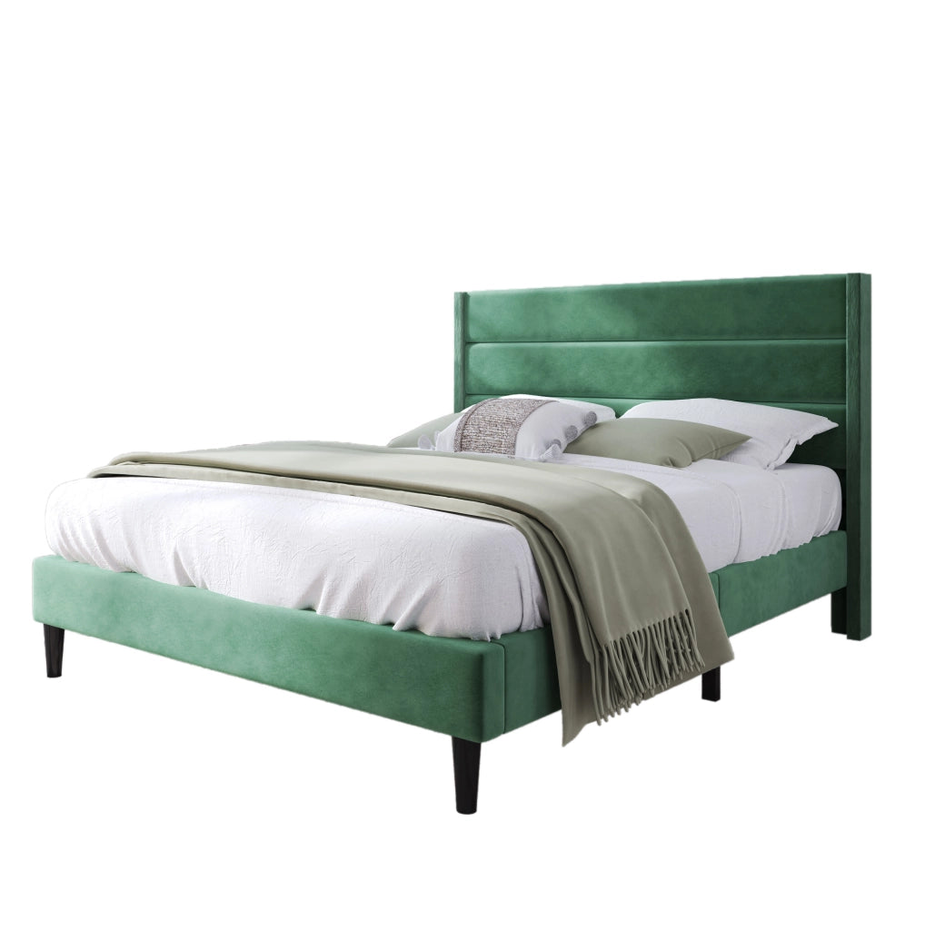 Letto imbottito 140x200 cm con testiera e rete a doghe; velluto verde scuro