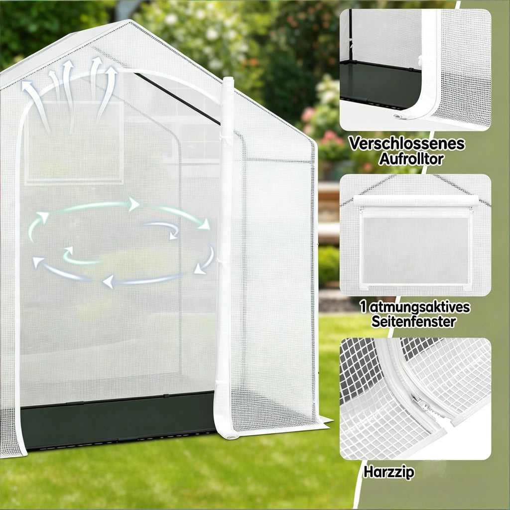 Serra a tunnel in rete PE 140 g/m² con porta avvolgibile e struttura in acciaio bianco 200 × 80 × 200 cm