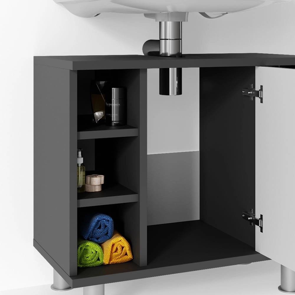 Mobile sottolavabo per bagno Fynn, Antracite, 60 x 54 cm, con intaglio per sifone e ripiani aperti