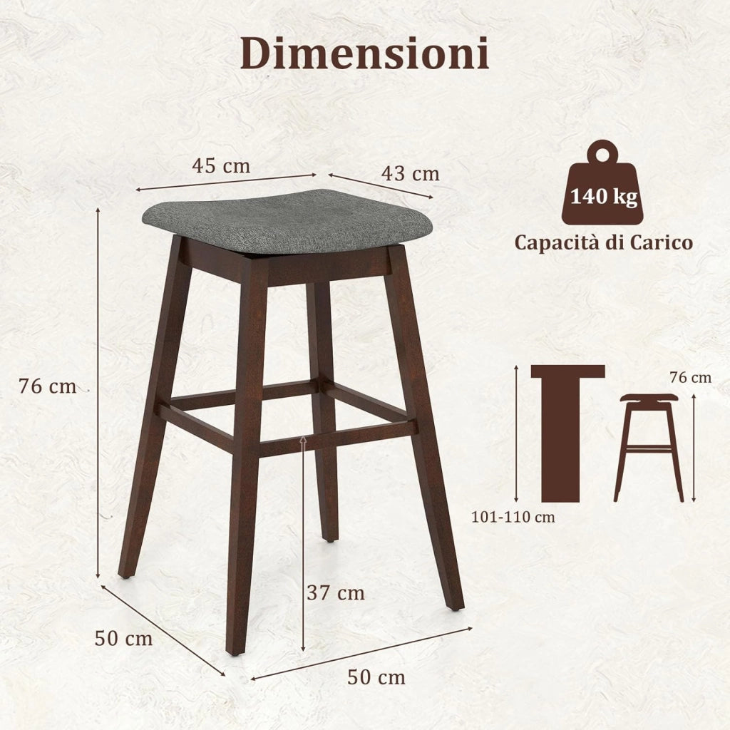 Set di 2 Sgabelli da Bar Girevoli, Sedie Ergonomiche in Tessuto di Lino con Seduta Imbottita, Poggiapiedi e Gambe in Legno di Gomma, Portata 140 kg, per Isola Cucina, Soggiorno e Pub