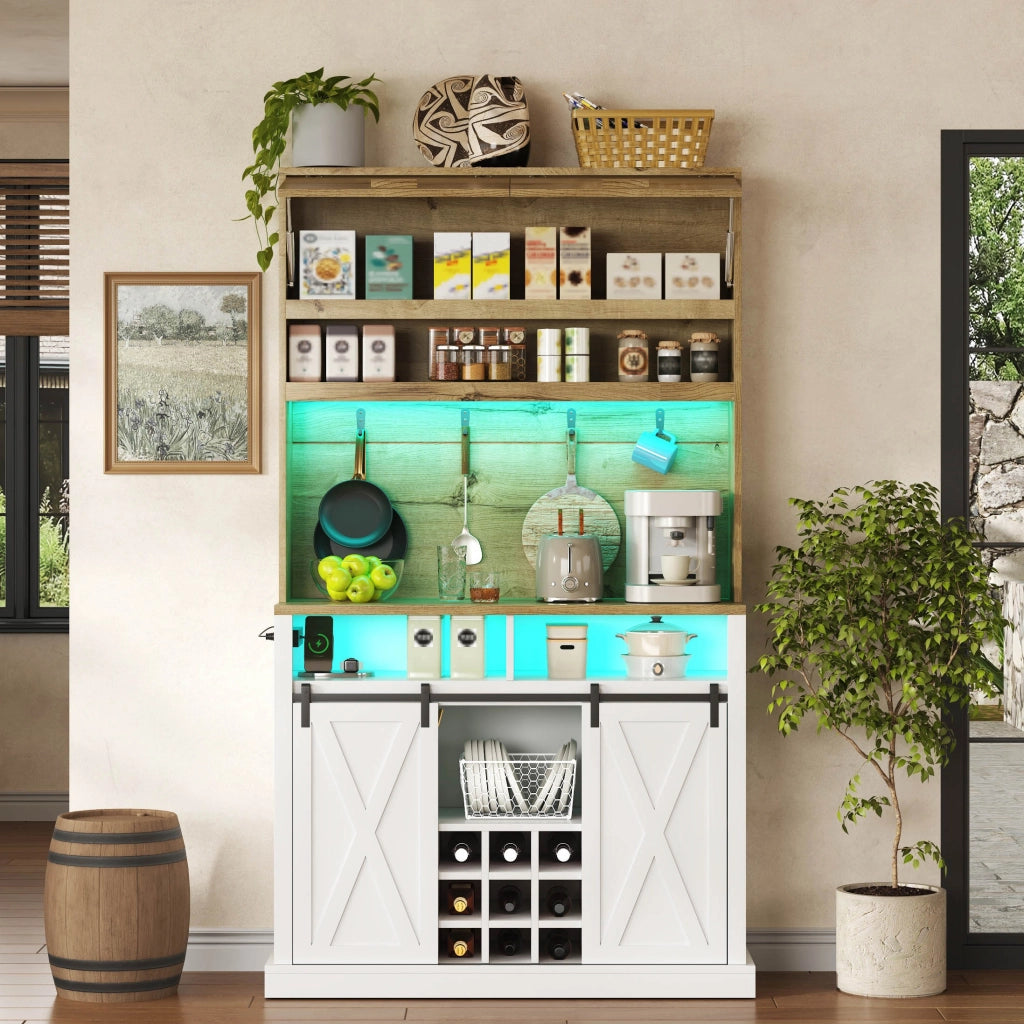 Credenza da cucina con LED; ripiani aperti; ante scorrevoli e ganci; per cucina e sala da pranzo; 40 × 110 × 191 cm