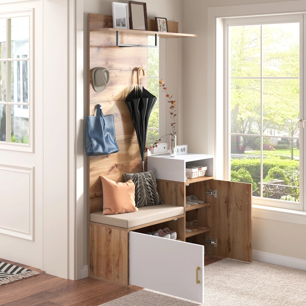 Set mobili da ingresso con specchio, panca, scarpiera e appendiabiti, in MDF bianco e legno