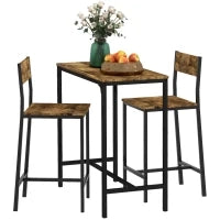 Set Bar da 3 Pezzi, Tavolo da Bar, 2 Sedie, MDF, Telaio in Metallo, Resistente all'Acqua, Marrone