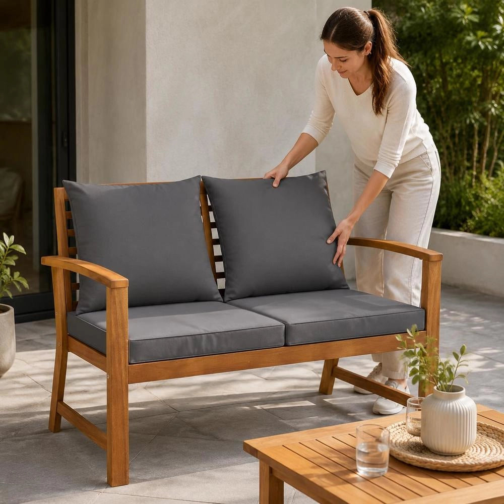 Garden Bench 120 Cm With Dark Grey Cushions, Solid Acacia Wood