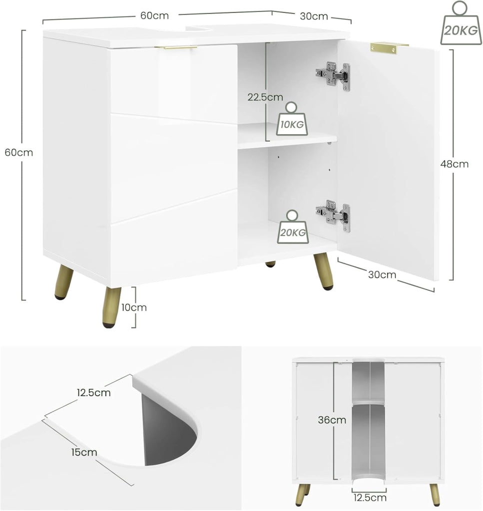 Mobile Sottolavabo per Bagno, Armadietto Sotto Lavandino da Terra a 2 Ante, Mobiletto Copricolonna in Legno, con Ripiano Regolabile e Foro per Sifone, Bianco Lucido, 60x30x60cm